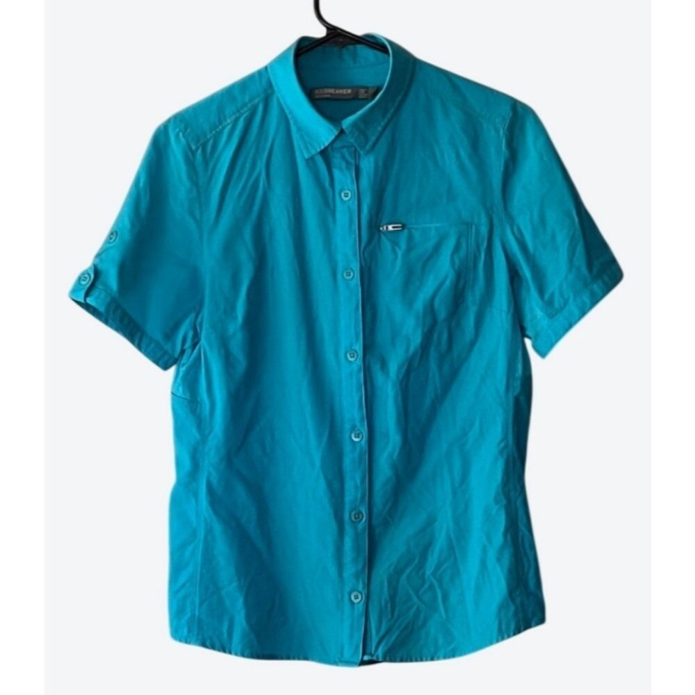 Icebreaker Merino Small Roll Tab Short Sleeve Button Front Shirt Aqua Blue Green